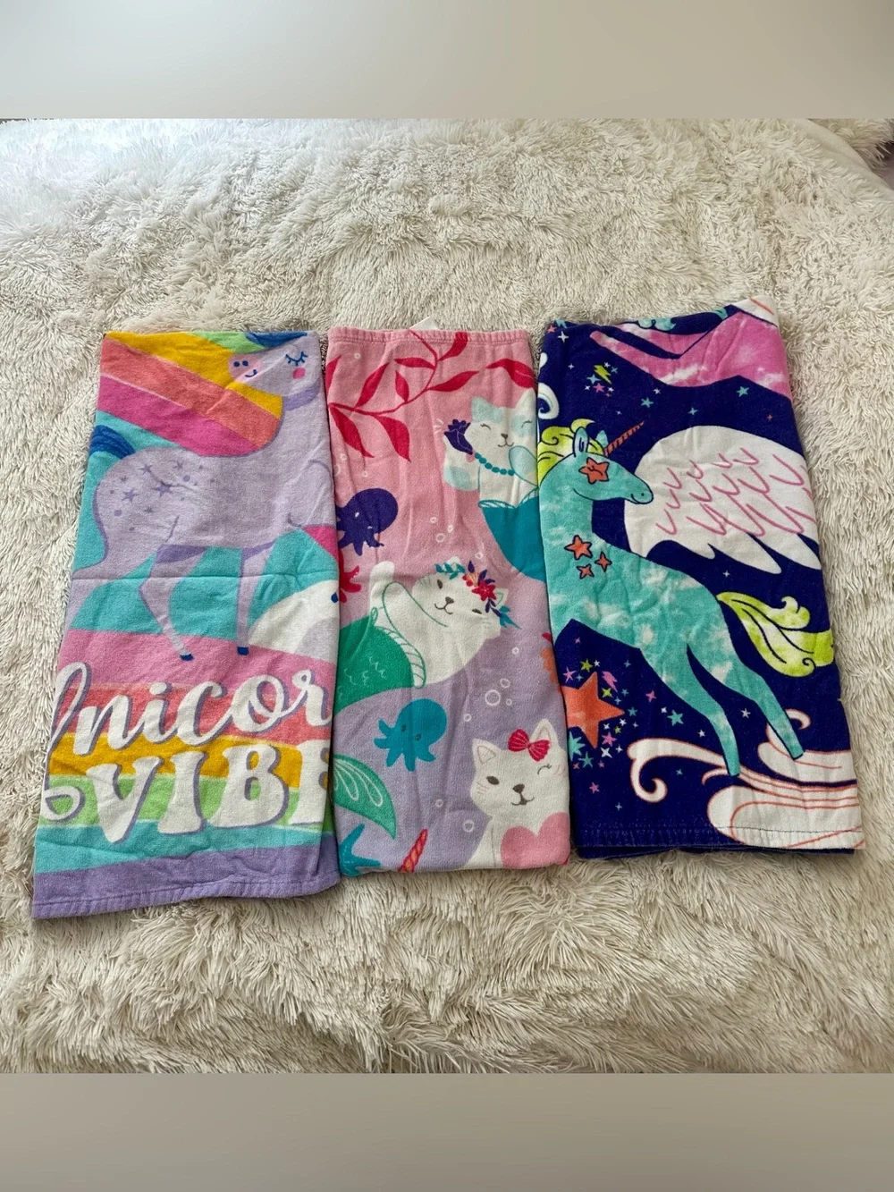 Unicorn Mermaid Cat Beach Towels Girls Rainbow Pool Bath Colorful Kids Lot of 3